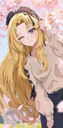  1girl absurdres alpha_(kage_no_jitsuryokusha_ni_naritakute!) black_hair black_pants black_ribbon blonde_hair blue_eyes blurry blurry_foreground cherry_blossoms day grin highres kage_no_jitsuryokusha_ni_naritakute! leaning_forward long_hair looking_at_viewer matsumoto_yuu one_eye_closed outdoors pants ribbon smile solo standing sweater very_long_hair white_sweater 