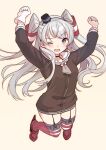  1girl amatsukaze_(kancolle) brown_dress brown_eyes dress full_body garter_straps gloves grey_hair grey_neckerchief hair_tubes hat jumping kantai_collection lifebuoy lifebuoy_ornament long_hair looking_at_viewer mini_hat mitsuyo_(mituyo324) neckerchief one_eye_closed red_thighhighs sailor_dress short_dress simple_background single_glove smokestack_hair_ornament solo striped striped_thighhighs thigh-highs two_side_up white_background 