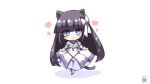  1girl animal_ears black_hair blue_eyes cat_ears cat_tail chibi closed_mouth cross cross_necklace dress full_body hair_ribbon heart jewelry kanimiso_umaina long_hair magary_(nise_seiken_monogatari) necklace nise_seiken_monogatari ribbon simple_background smile solo tail very_long_hair white_background white_dress white_ribbon 