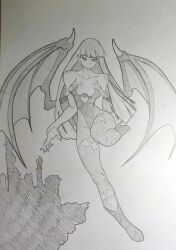  bare_shoulders bat_wings bridal_gauntlets capcom clothing_cutout darkstalkers demon_girl full_body fur-trimmed_leotard fur_trim graphite_(medium) greyscale heart_cutout highres long_hair looking_at_viewer mechanical_pencil monochrome morrigan_aensland off-shoulder_leotard pantyhose pencil print_pantyhose sergent_magnom sketch smile traditional_media wings 