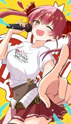  1girl ;d blush breasts brown_background brown_eyes brown_leotard clothes_writing commentary_request covered_navel fang hair_between_eyes hair_ribbon highres holding holding_microphone hololive houshou_marine houshou_marine_(1st_costume) kiritoma leotard leotard_under_clothes looking_at_viewer medium_breasts microphone one_eye_closed outstretched_arm pleated_skirt pointing pointing_at_viewer red_hair red_ribbon red_skirt ribbon shirt short_sleeves signature skirt smile solo translation_request twintails virtual_youtuber white_shirt 