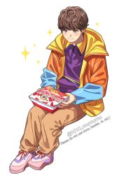  1010_mumumu 1boy blue_eyes blue_jacket brown_hair brown_pants cake commentary food highres holding holding_cake holding_food hood hoodie inoue_shouma invisible_chair jacket kamen_rider kamen_rider_gavv_(series) looking_down male_focus multicolored_eyes multicolored_jacket orange_jacket pants pink_shoes purple_hoodie shoes short_hair sitting smile sneakers solo sparkle symbol-only_commentary tokusatsu white_background yellow_eyes yellow_jacket yellow_trim 