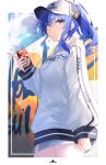  1girl badge baseball_cap blue_eyes blue_hair blue_nails blue_sky border character_name clothes_writing clouds crossed_bangs drawstring drink drinking_straw earrings english_text floral_print glint grin hair_between_eyes hat highres holding holding_drink hololive hood hoodie hoshimachi_suisei jewelry looking_at_viewer nail_polish pig_print sidelocks sky sleeves_past_wrists smile solo star_(symbol) star_in_eye symbol_in_eye takuro_(taku3949) virtual_youtuber white_border white_headwear white_hoodie 
