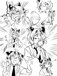  1girl ^^^ ahoge animal_ears arm_support arrow_(symbol) cellien_(kemono_friends) closed_eyes closed_mouth cup dotted_line ears_down failure fang forked_eyebrows gloom_(expression) hair_between_eyes hand_on_own_cheek hand_on_own_face highres holding holding_cup jacket kemono_friends kemono_friends_3 leaning_forward looking_at_viewer looking_to_the_side looking_up maltese_tiger_(kemono_friends) monochrome multicolored_hair multiple_views natto_nigi nervous nervous_smile open_clothes open_jacket open_mouth parted_lips raised_eyebrows rectangular_mouth shirt short_hair slap_mark slap_mark_on_face smile spitting sweat tail tiger_ears tiger_girl tiger_tail two-tone_hair v-shaped_eyebrows wide-eyed 