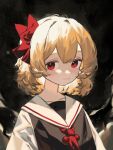  1girl absurdres ascot black_vest blonde_hair blush bow closed_mouth clynxen collarbone commentary eyebrows_hidden_by_hair hair_between_eyes hair_bow highres looking_at_viewer red_ascot red_bow red_eyes rumia sailor_collar shirt short_hair smile solo touhou upper_body vest white_shirt 