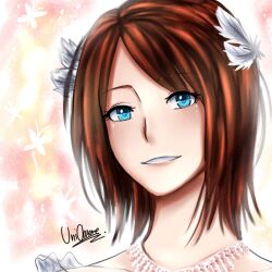  2013 blue_eyes blurred_background brown_hair bust feathers female hair_ornament lights necklace pearl_necklace pearls petals portrait princess_elise_the_third short_hair simple_background smile sonic_(series) unichrome-uni 