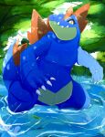  absurdres branch claws closed_mouth day fangs fangs_out feraligatr full_body grass highres kou11021301 looking_at_viewer outdoors pokemon pokemon_(creature) ripples shallow_water solo standing tree water yellow_eyes 