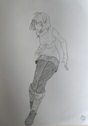  1girl arcueid_brunestud black_boots black_skirt boots clothes_pull fate_(series) full_body graphite_(medium) greyscale hatching_(texture) highres mechanical_pencil melty_blood melty_blood:_type_lumina monochrome pencil sergent_magnom short_hair sketch skirt smile standing traditional_media tsukihime white_len_(tsukihime) 