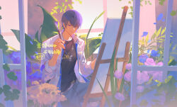  1boy artist_name black_shirt blue_eyes blue_flower blue_hair blue_pants canvas_(object) closed_mouth cowboy_shot easel flower highres holding holding_brush indoors jacket jewelry kubing_aaa looking_at_viewer marius_von_hagen_(tears_of_themis) paintbrush pants pendant pink_flower plant shirt short_hair sitting smile solo tears_of_themis watermark white_jacket window 