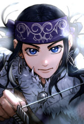  1girl ainu asirpa black_hair blue_eyes bow_(weapon) closed_mouth drawing_bow earrings expressionless eyelashes golden_kamuy grmms_otk holding holding_bow_(weapon) holding_weapon hoop_earrings jewelry long_hair looking_at_viewer simple_background smile solo weapon white_background 