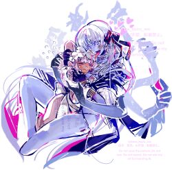  2girls animal_ears apron armor bikini_armor blue_eyes blue_skin blush breasts chakram closed_eyes colored_skin daikokuten_(fate) dark-skinned_female dark_skin dress earrings extra_arms fate/grand_order fate_(series) hair_ribbon highres hug indian_clothes jewelry kali_(fate) large_breasts large_earrings long_hair looking_at_another lotus_petals maid maid_apron maid_headdress metal_bracelet mouse_ears mouse_girl multiple_girls neck_ring pink_dress revealing_clothes ribbon short_hair smile sugomori_tsuru_(hana_tsuru_wo) third_eye tongue tongue_out watermark weapon white_apron white_background white_hair 