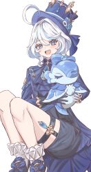  2girls absurdres ahoge aqua_eyes black_gloves blush fumicode2_3 furina_(genshin_impact) genshin_impact gloves hat highres long_hair long_sleeves looking_at_viewer multiple_girls open_mouth simple_background smile surintendante_chevalmarin thick_thighs thigh_strap thighs top_hat white_background white_gloves white_hair 