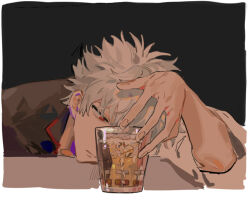  1boy cup drinking_glass gintama glass hair_between_eyes holding male_focus qyzhiaiyisheng red_eyes sakata_gintoki short_hair sketch solo white_hair 