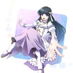  black_hair blue_eyes cross cross_necklace dress frills full_body hair_ribbon highres jewelry kanimiso_umaina long_hair long_sleeves magary_(nise_seiken_monogatari) necklace nise_seiken_monogatari open_mouth pantyhose purple_skirt ribbon shoes sitting skirt sleeve_cuffs smile socks white_background white_dress white_ribbon 