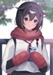 1girl absurdres ahoge alternate_costume black_hair blue_eyes braid can canned_coffee hair_flaps hair_over_shoulder head_tilt highres kantai_collection long_hair looking_at_viewer railing red_mittens red_scarf scarf shigure_(kancolle) shirt single_braid smile solo takemochi upper_body white_shirt 