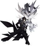  2boys bad_id bad_pixiv_id black_gloves black_hair blue_eyes boots elbow_gloves gloves grey_footwear hand_on_hip highres jacket multiple_boys open_mouth pale_skin personification pokemon reshiram second-party_source simple_background spiky_hair starshadowmagician sunglasses upside-down white_background white_hair yara_kami_meiosei zekrom 