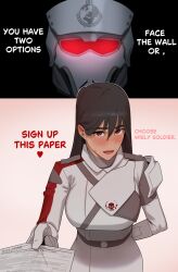  1girl arm_behind_back belt black_hair blush breasts c-01_permit_(helldivers) english_text forehead_protector gloves glowing glowing_eyes heart helldiver_(helldivers) helldivers_(series) helmet highres hong_doo large_breasts long_hair looking_at_viewer no_nose open_mouth red_eyes solo sweat tight_clothes white_gloves 