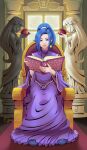  1girl 3d_background absurdres artist_name blender_(medium) blue_eyes blue_hair book chrono_trigger earrings english_commentary food fruit highres holding holding_book indoors jewelry krita_(medium) looking_at_viewer necklace open_book pendant ponytail purple_robe robe schala_zeal sitting solo statue tushantin window 