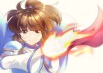  1girl arle_nadja blue_cape brown_hair cape detached_sleeves fire highres looking_at_viewer madou_monogatari murasaki_gin&#039;ya ponytail puyopuyo simple_background smile solo white_background yellow_eyes 