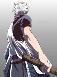  1boy asymmetrical_clothes black_shirt commentary_request copyright_name cowboy_shot from_behind gintama gradient_background hadanugi_dousa holding holding_sword holding_weapon male_focus red_trim sakata_gintoki shirt short_hair short_sleeves siro_nui81 solo standing sword wave_print weapon white_hair wooden_sword 