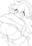  1girl bra breasts clothes_lift headband hex_maniac_(pokemon) large_breasts long_hair looking_at_viewer monochrome navel panties perapera shirt short_sleeves sweater sweater_lift underwear very_long_hair white_background 
