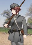  1girl absurdres american_civil_war belt_buckle buckle buttons confederate_states_of_america expressionless grass grey_headwear grey_jacket gun highres holding holding_gun holding_weapon jacket keiita looking_to_the_side military military_uniform musket original redhead short_hair solo tree uniform weapon 