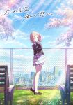  1girl absurdres bench blue_sky blush chain-link_fence cherry_blossoms clouds copyright copyright_name falling_petals fence floating_hair full_body grass highres idolmaster idolmaster_shiny_colors key_visual light_brown_hair light_rays light_smile loafers looking_at_viewer looking_to_the_side official_art outdoors petals plaid plaid_skirt pleated_skirt promotional_art sakuragi_mano school_uniform shoes skirt sky socks solo translation_request white_socks 