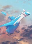  above_clouds absurdres clouds commentary_request flying from_side highres latios no_humans nullma outdoors pokemon pokemon_(creature) red_eyes signature solo twilight 