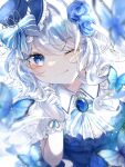  1girl :q blue_bow blue_bowtie blue_butterfly blue_eyes blue_flower blue_hair blue_headwear blue_rose blue_theme blurry blurry_foreground bow bowtie brooch bug butterfly commentary_request curled_fingers flower frills gloves hair_flower hair_ornament hand_up hat hat_bow highres jewelry kouri_midori light_blue_hair light_particles long_hair looking_at_viewer multicolored_bow multicolored_bowtie multicolored_hair one_eye_closed original ribbon rose signature solo striped striped_bow striped_bowtie swept_bangs tongue tongue_out two-tone_hair upper_body white_bow white_bowtie white_gloves white_hair wing_collar wrist_ribbon 