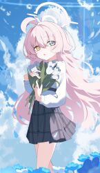  1girl absurdres ahoge blue_archive blue_eyes blue_flower blue_sky chinese_commentary clouds commentary day feet_out_of_frame flower flower_bed hair_between_eyes halo heterochromia highres holding holding_flower hoshino_(blue_archive) light_blush long_hair long_sleeves orange_eyes outdoors parted_lips pink_hair pink_halo pleated_skirt shirt skirt sky solo tulip very_long_hair white_flower white_shirt white_tulip zizhucan 