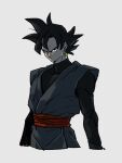  1boy black_bodysuit black_eyes black_hair bodysuit closed_mouth dragon_ball dragon_ball_super earrings goku_black jewelry kemachiku long_sleeves looking_at_viewer male_focus potara_earrings red_sash sash serious solo spiky_hair 