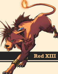  1boy animal_ears animal_nose bangle bl4ck_choco bracelet character_name claws collar commentary_request earrings facial_mark feather_hair_ornament feathers fiery_tail final_fantasy final_fantasy_vii final_fantasy_vii_remake hair_ornament highres jewelry leg_markings looking_at_viewer mane red_fur red_hair red_xiii roman_numeral tail 