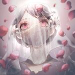  1girl blurry blurry_foreground brown_background brown_hair looking_up mask mouth_mask nemumi_no_sora original petals portrait red_eyes short_hair solo upper_body veil 