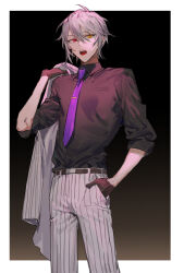  1boy belt black_gloves black_shirt collared_shirt folding_clothes gloves grey_hair hair_between_eyes hand_in_pocket heterochromia highres jacket looking_at_viewer mahoutsukai_no_yakusoku male_focus necktie panties pants purple_necktie qyzhiaiyisheng red_eyes shirt short_hair simple_background sleeves_rolled_up striped_clothes striped_jacket striped_panties underwear unworn_jacket white_pants 