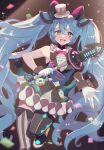  1girl :d absurdres aqua_eyes aqua_hair asymmetrical_legwear bow bowtie commentary_request confetti gloves hair_between_eyes hair_ornament hat hatsune_miku highres holding holding_wand long_hair looking_at_viewer magical_mirai_(vocaloid) magical_mirai_miku magical_mirai_miku_(2019) microphone_wand mini_hat mini_top_hat mismatched_legwear neck_ruff nyako_(lhq3p) open_mouth pink_bow pink_bowtie smile solo teeth thigh-highs top_hat twintails upper_teeth_only very_long_hair vocaloid wand white_gloves 