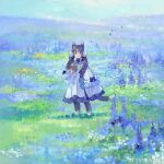  1girl :/ animal_ears animal_feet blue_background blue_bow blue_dress blue_eyes blue_flower blue_fur blue_hair blue_sky blue_tail bow bowtie cat_ears cat_girl cat_tail digitigrade dress field flower flower_field frilled_dress frilled_sleeves frills full_body hair_bow hand_up long_hair long_sleeves looking_at_viewer original purple_flower sky solo standing starshadowmagician tail twintails white_dress 