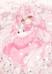  1girl :d absurdres animal animal_ear_fluff animal_ears animal_hug blurry blurry_background bow brown_eyes commentary_request depth_of_field flower hair_between_eyes hair_bow head_tilt highres long_hair looking_at_viewer low_twintails original pink_bow pink_hair rabbit smile solo tandohark twintails very_long_hair white_flower 