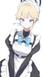  1girl absurdres apron blonde_hair blue_archive blue_eyes bow bowtie breasts halo highres hufy looking_at_viewer maid_apron maid_headdress puffy_sleeves simple_background solo toki_(blue_archive) white_background 