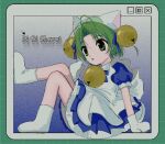  1girl animal_ears animal_hat antenna_hair apron bell cat_ears cat_hat dejiko di_gi_charat frilled_apron frills green_eyes green_hair hair_bell hair_ornament hat highres looking_at_viewer maid_apron paw_shoes pepeppepe101 short_hair 