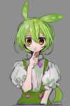  1girl chromatic_aberration cropped_torso expressionless finger_to_mouth frilled_sleeves frills green_hair grey_background hand_up highres ishitsuki_(_0101_831) long_hair looking_at_viewer low_ponytail neck_ribbon pea_pod pink_ribbon puffy_short_sleeves puffy_sleeves ribbon shirt shirt_tucked_in short_sleeves shushing simple_background solo suspenders voicevox white_shirt yellow_eyes zundamon 