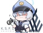  1girl black_vest blue_archive blue_background blue_headwear blue_necktie blue_pants character_request chibi collared_shirt commentary_request cuffs eighth_note facing_viewer gloves grey_hair hair_between_eyes halo handcuffs hat holding key musical_note necktie nyaru_(nyaru_4126) pants peaked_cap police_hat shaded_face shirt short_sleeves simple_background solo vest white_gloves white_shirt 