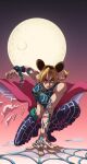  1girl absurdres black_hair blonde_hair butterfly_tattoo cape clouds cone_hair_bun cuffs determined double_bun full_moon green_nails hair_bun handcuffs highres jojo_no_kimyou_na_bouken kristallion kujo_jolyne moon multicolored_hair navel_piercing night night_sky on_one_knee piercing puddle red_cape red_eyes silk sky skyfish_(cryptid) solo spider_web spider_web_print stone_ocean string superhero_landing tattoo two-tone_hair unraveling 