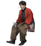  1boy black_footwear black_hair brown_pants full_body highres invisible_chair jacket long_sleeves male_focus original pants red_jacket rinotuna shoes short_hair simple_background sitting solo white_background 