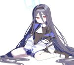  &lt;key&gt;_(blue_archive) 1girl black_hair blue_archive hair_between_eyes hairband halo highres jacket long_hair mabera mary_janes off_shoulder parted_lips red_eyes shoes sitting sleeves_past_wrists socks solo very_long_hair wariza white_socks 