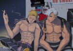  2boys abs absurdres arrow_print biceps black_sclera blowing_smoke closed_eyes colored_sclera crossed_legs eyelashes grey_hair highres jacket jacket_on_shoulders jojo_no_kimyou_na_bouken male_focus multiple_boys muscular muscular_male night night_sky open_clothes open_jacket outdoors pants pectorals poster_(object) prosciutto red_eyes risotto_nero sitting sky smoking striped striped_pants tasse_jj topless_male vento_aureo 