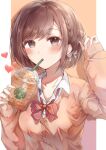  1girl blush bow bowtie brown_cardigan brown_eyes brown_hair cardigan collarbone commentary cup disposable_cup drink drinking drinking_straw drinking_straw_in_mouth highres holding holding_cup holding_drink kamiyama_high_school_uniform_(project_sekai) long_sleeves looking_at_viewer namamake project_sekai red_bow red_bowtie revision school_uniform shinonome_ena shirt short_hair solo white_shirt 