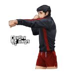  1boy black_hair black_jacket clenched_hands closed_eyes cropped_legs highres jacket original punching red_shorts rinotuna short_hair shorts simple_background smile solo translation_request white_background 