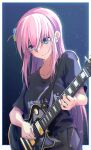  1girl black_shirt black_skirtu blue_eyes blush bocchi_the_rock! border closed_mouth collarbone commentary_request cube_hair_ornament doki_(oox3o) gotou_hitori guitar hair_between_eyes hair_ornament hair_over_eyes highres holding holding_instrument instrument long_hair music one_side_up outside_border pink_hair playing_instrument pper_body shirt short_sleeves solo sweat t-shirt white_border 