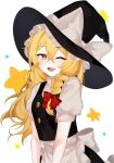  1girl ;d apron black_headwear blonde_hair bow braid fang hat hat_bow highres kirisame_marisa long_hair looking_at_viewer majime_joe one_eye_closed open_mouth puffy_sleeves short_sleeves smile solo star_(symbol) touhou waist_apron white_bow witch_hat yellow_eyes 