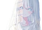  1girl absurdres blue_eyes blush closed_mouth collarbone driedflower hair_between_eyes highres light long_hair looking_at_viewer original portrait shirt simple_background smile solo swept_bangs white_background white_hair white_shirt 